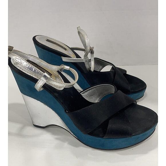 Auth Louis Vuitton Black Satin Silver Leather Teal Suede Wedge Heels EU 38 US 8 - Picture 1 of 12
